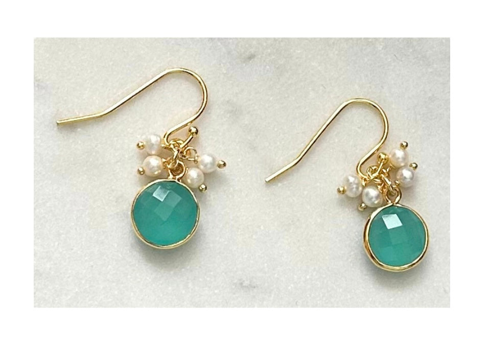 Aqua Chalcedony Gemstone and Pearl Cluster Earrings