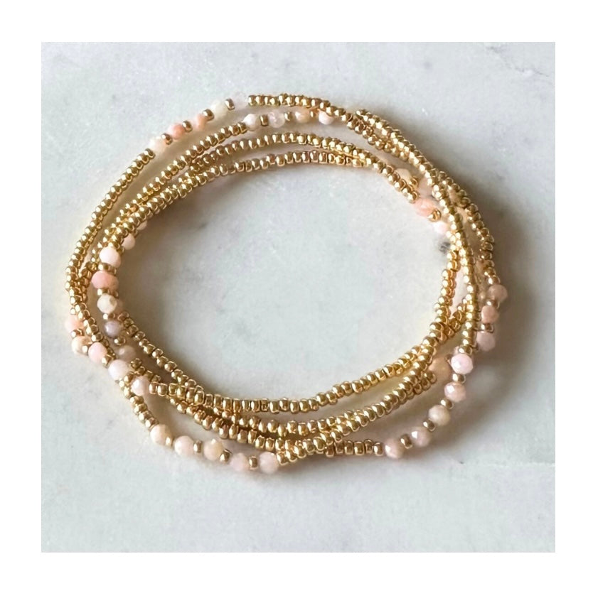 Pink Opal Gemstone and Seed Bead Wrap Bracelet