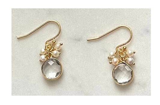 Clear Quartz Gemstone and Pearl Cluster Earrings