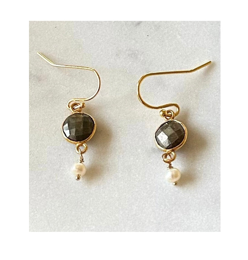 Pyrite Gemstone and Pearl Drop Earrings