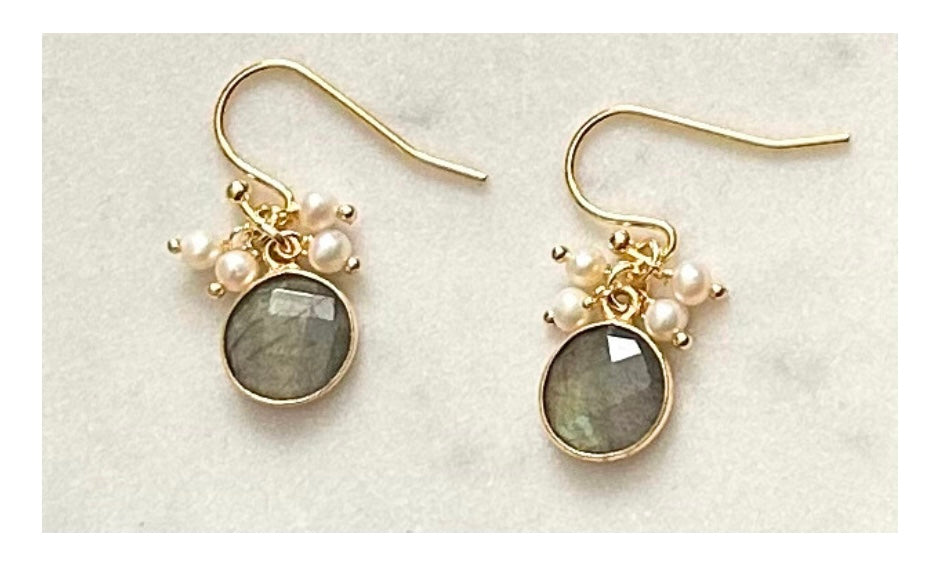 Labradorite Gemstone and Pearl Cluster Earrings