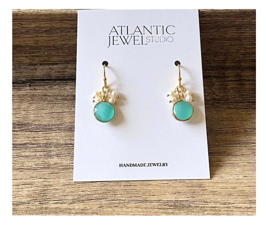 Aqua Chalcedony Gemstone and Pearl Cluster Earrings