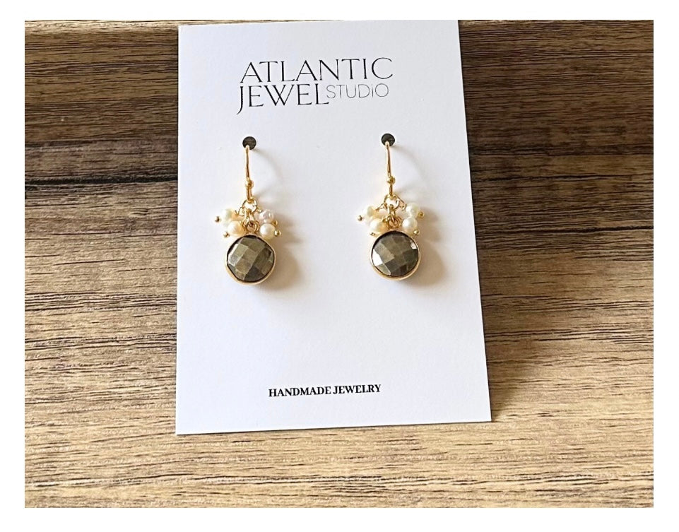 Pyrite Gemstone and Pearl Cluster Earrings