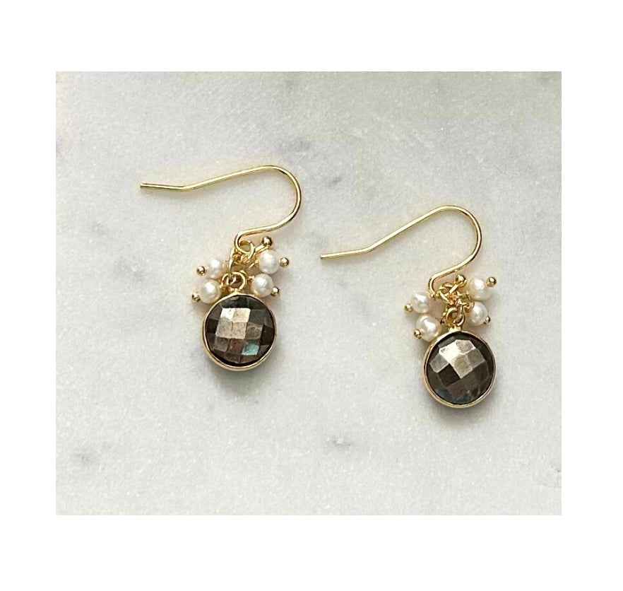 Pyrite Gemstone and Pearl Cluster Earrings