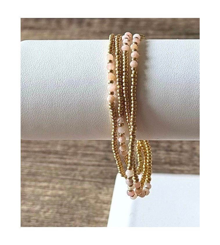 Pink Opal Gemstone and Seed Bead Wrap Bracelet